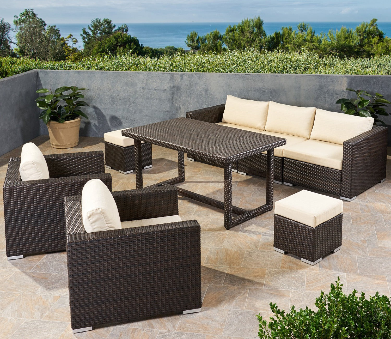 Dark Brown Rattan And Wicker 7 Seater Patio Set With table And Cream Cushions