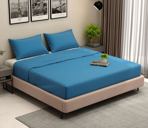 300 TC Pure Cotton Fitted King Size Bedsheet with Satin Stripe with 2 Pillow Covers (Blue)