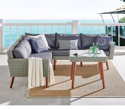 Silver Grey Rattan And Wicker 5 Seater Patio Set With Table And Grey Cushions