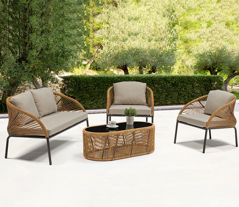 Golden Rope 4 Seater Sofa Set With Table And Off White Cushions