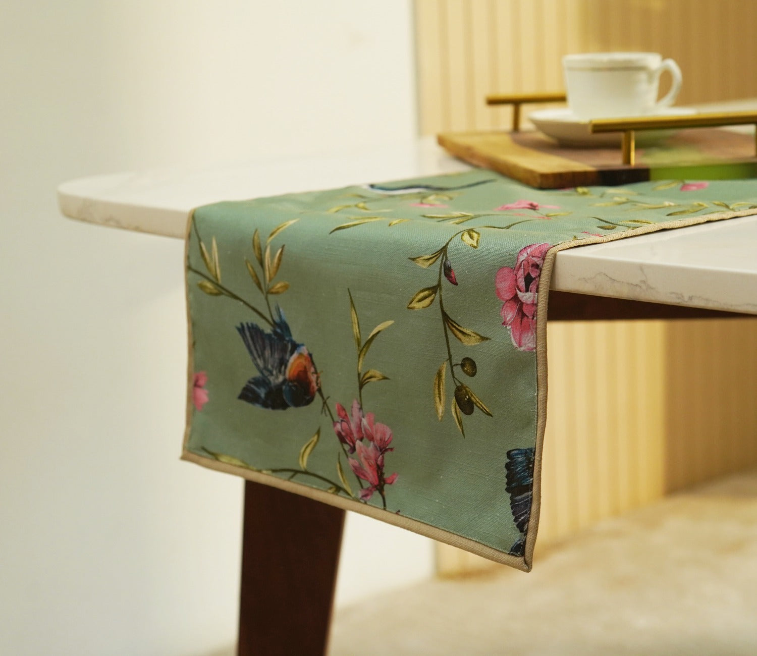 Bird on Branch Printed Cotton Table Runner (Teal, 13 x 72 Inches)