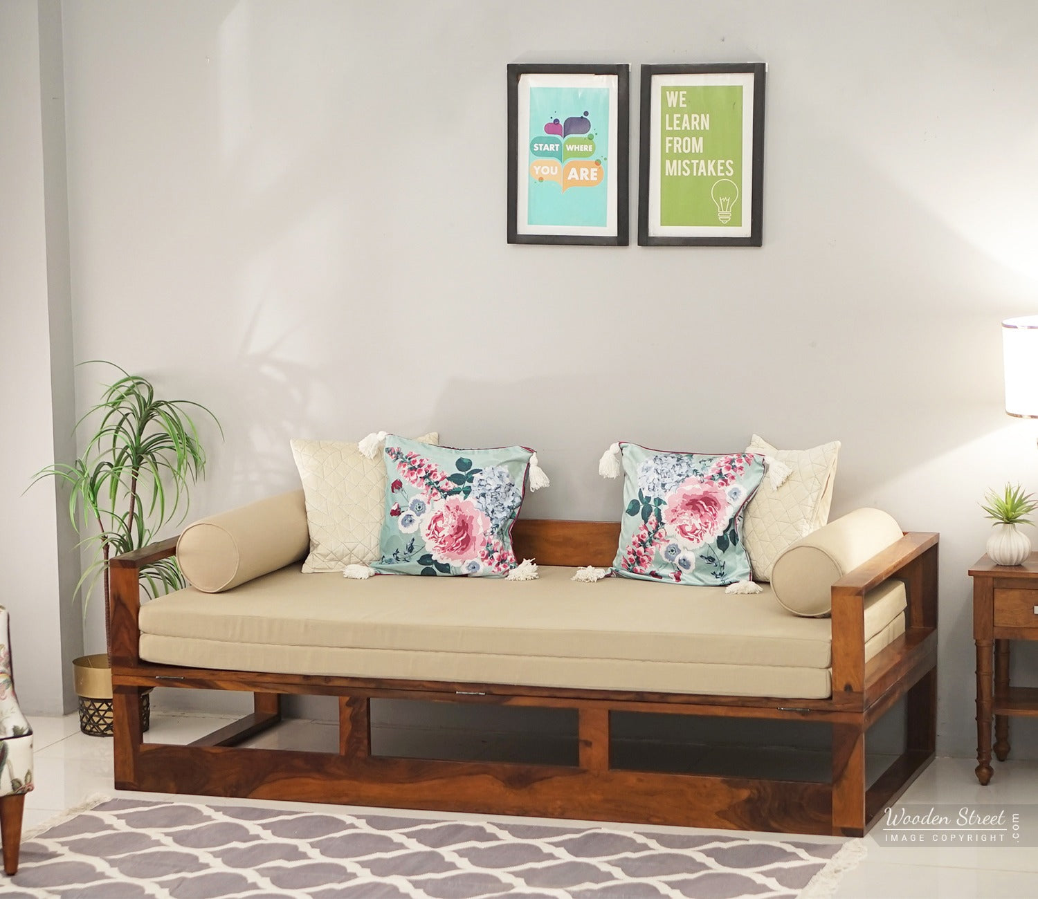 Bacon 3 Seater Divan Cum Bed with Mattress (King Size, Honey Finish)
