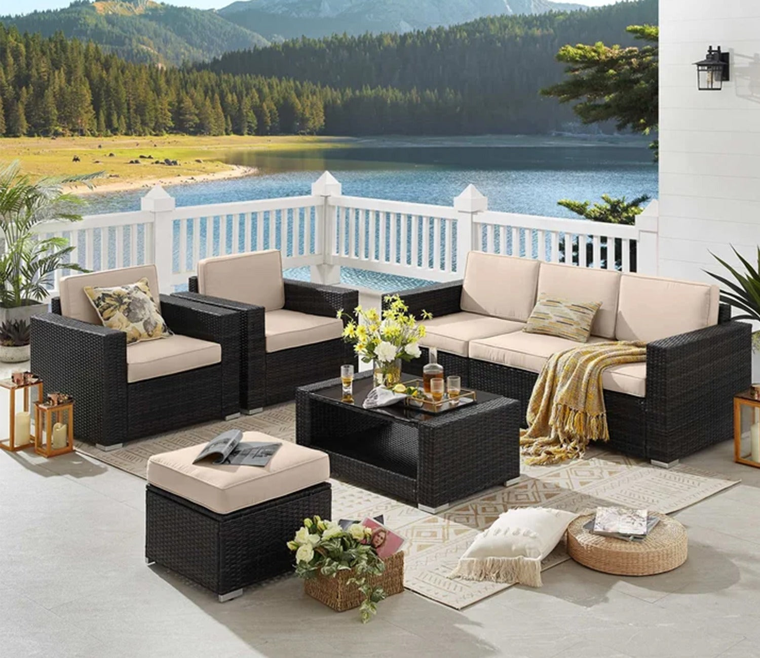 Dark Brown Rattan And Wicker Patio Set With Cream Cushions And Table