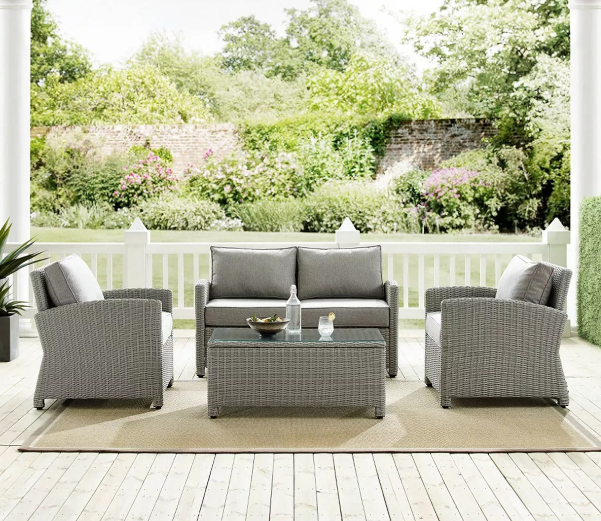 Grey Rattan And Wicker 4 Seater Patio Set With Table And Grey Cushions