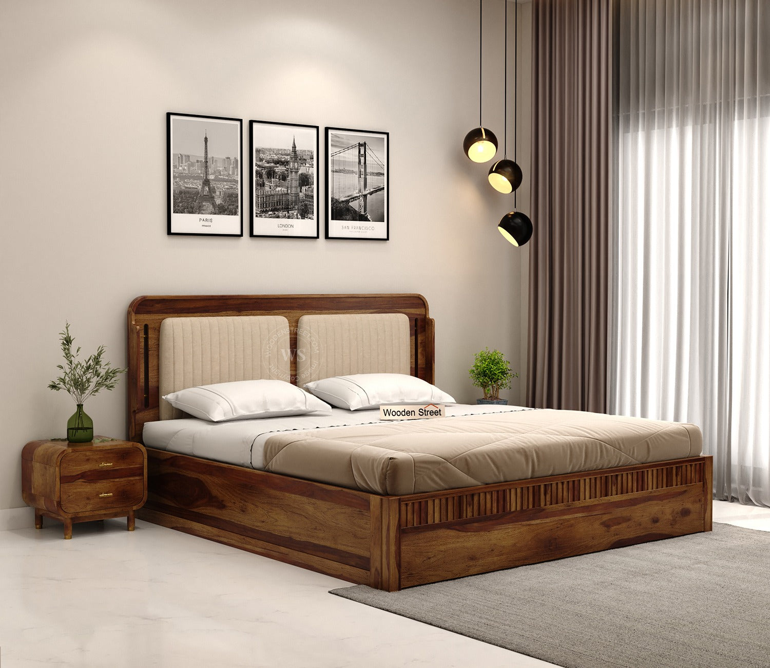 Lotus Premium Sheesham Wood Bed with Box Storage (King Size, Teak Finish)