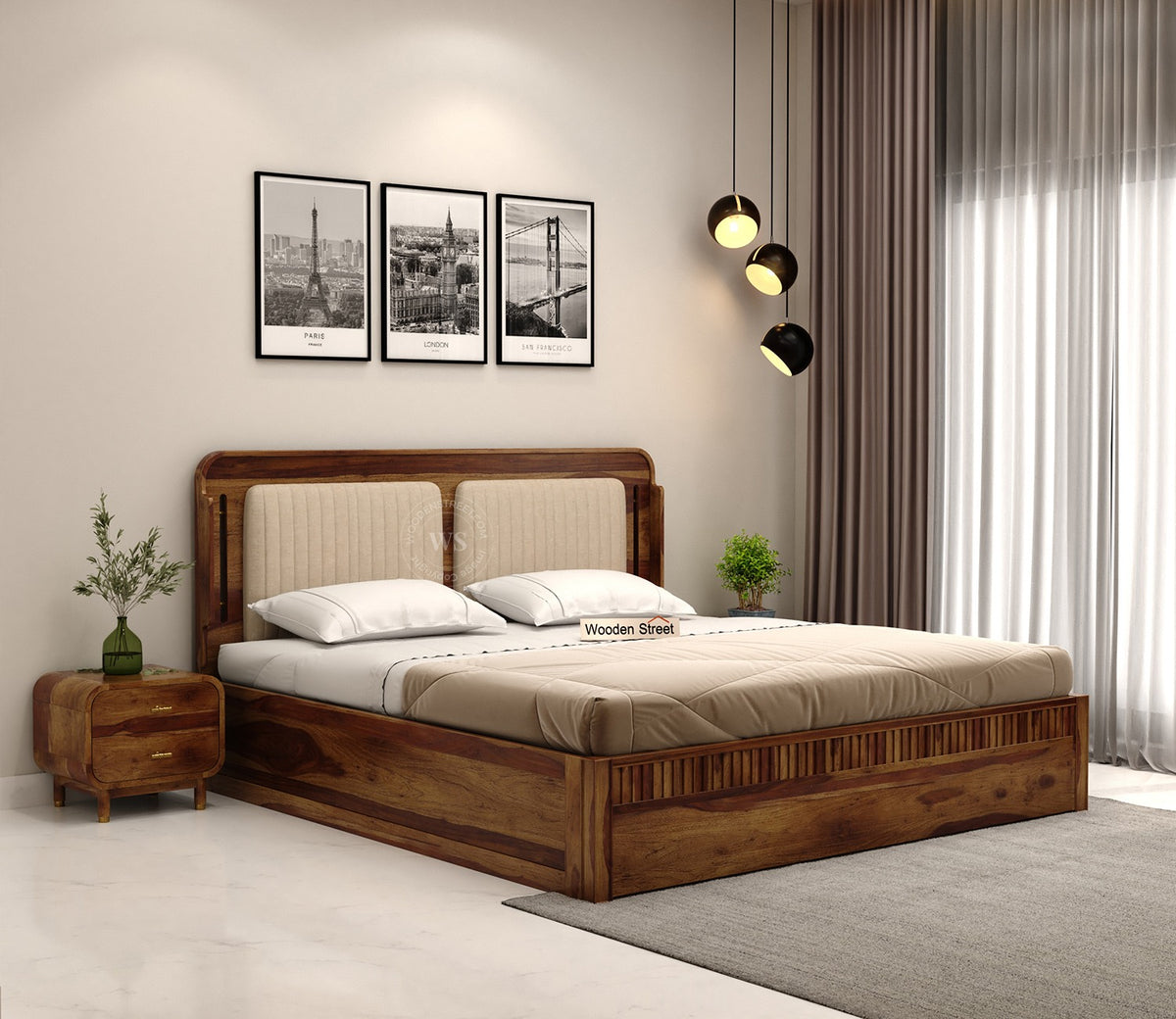 Lotus Premium Sheesham Wood Bed with Box Storage (King Size, Teak Finish)