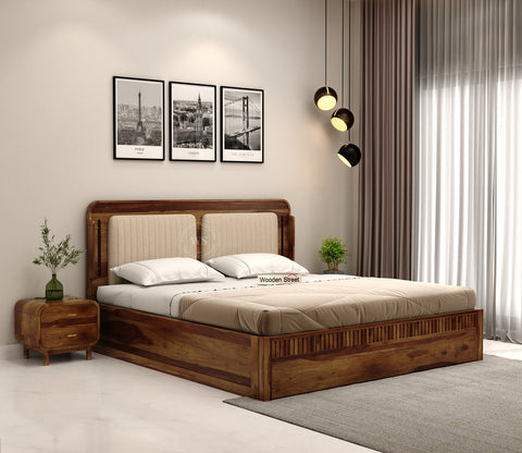 Lotus Premium Sheesham Wood Bed with Box Storage (King Size, Teak Finish)