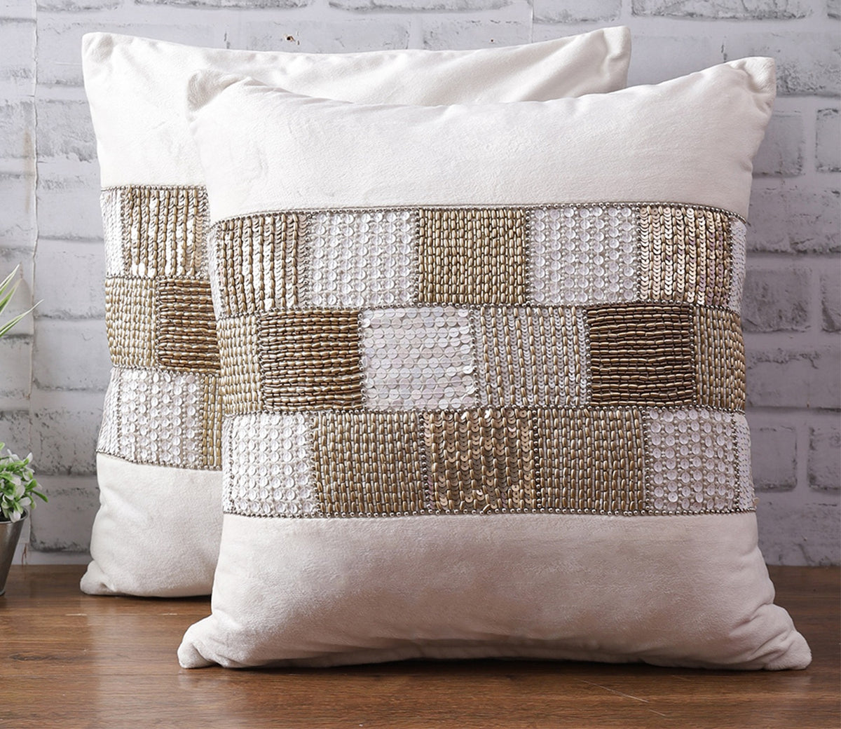 Velvet Beaded Cushion Covers - Set of 1 (Ivory,18 x 18 inch)