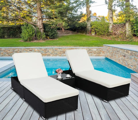 Black Two Rattan Wicker Outdoor Patio Lounger With White Cushions And Table