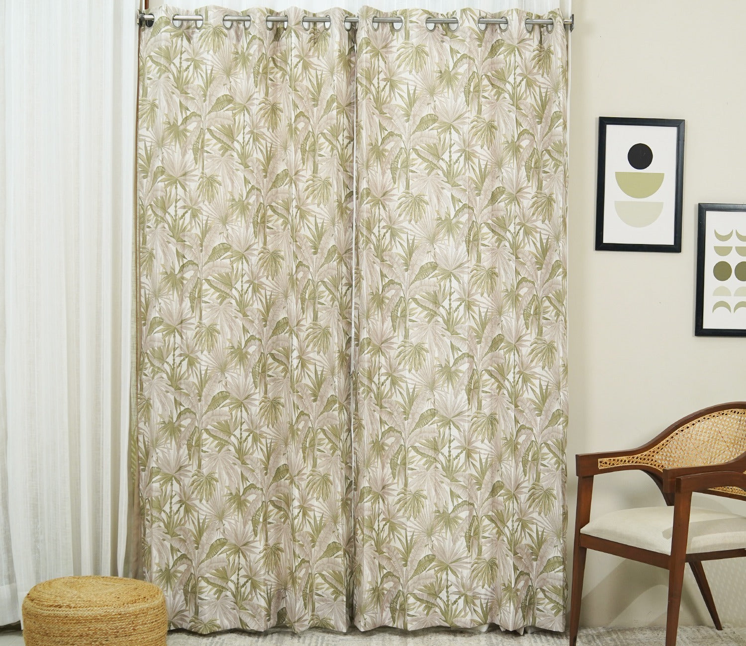 Palm Tree Light-Filtering Door Curtains Set of 2 (Green, 7 Feet)