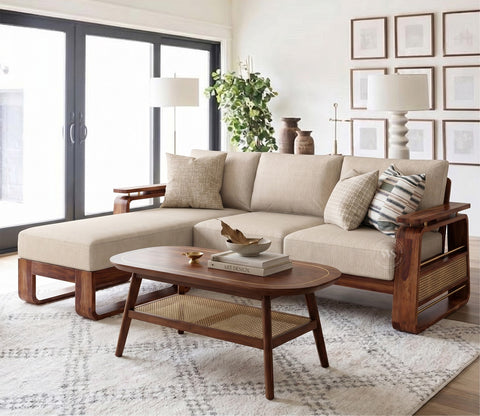 Vedic Sheesham Wood L Shape Left Align Sofa With Cane and Brass Detailing (Honey Finish, Jade Ivory)