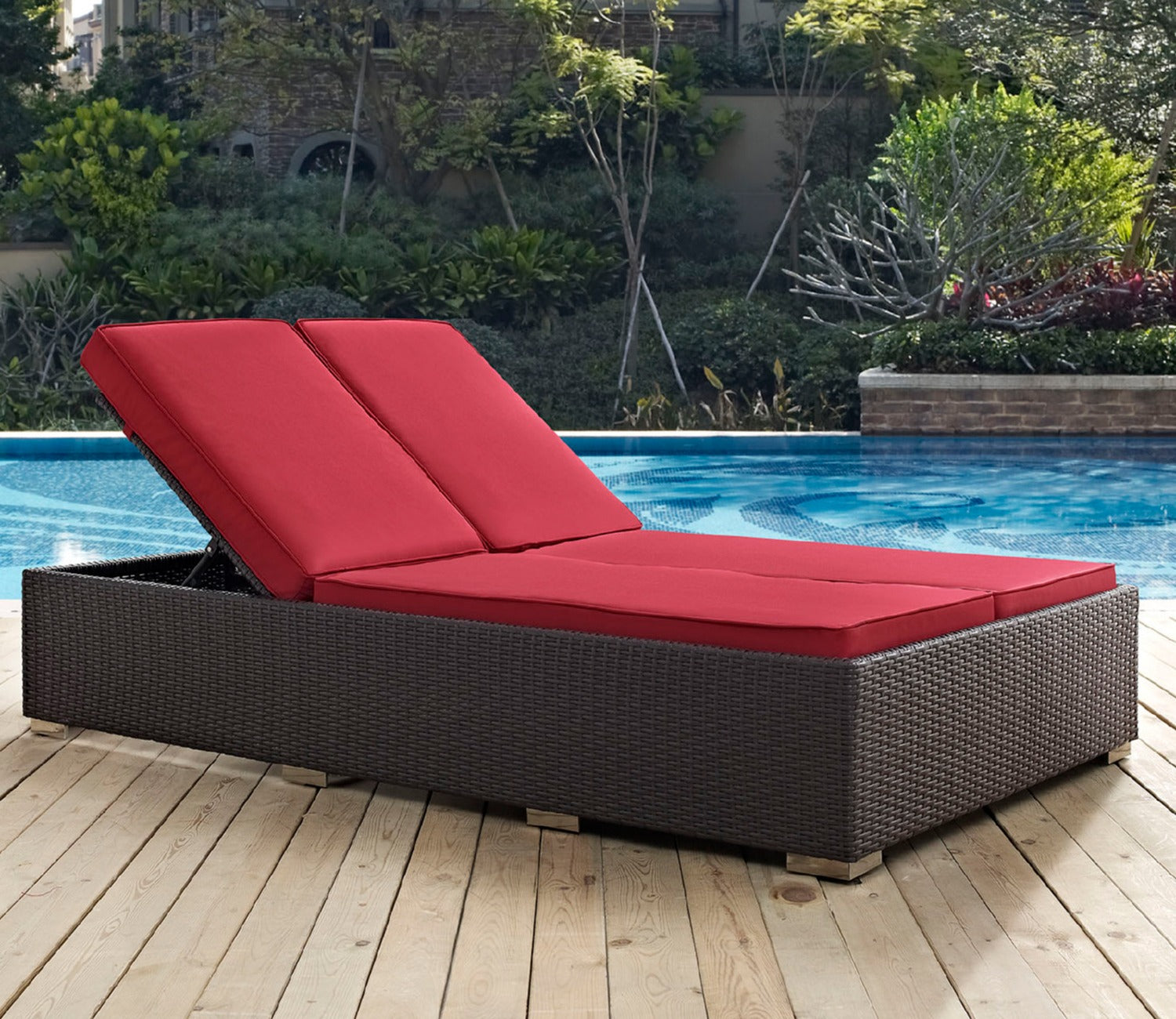 Dark Brown Big Patio Lounger With Red Cushions