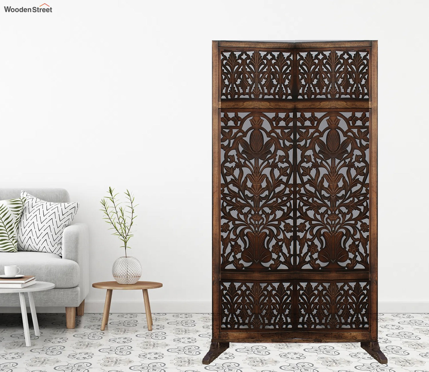 Maverick Floral Hand Carved Wooden Room Divider Single Panel With Stand