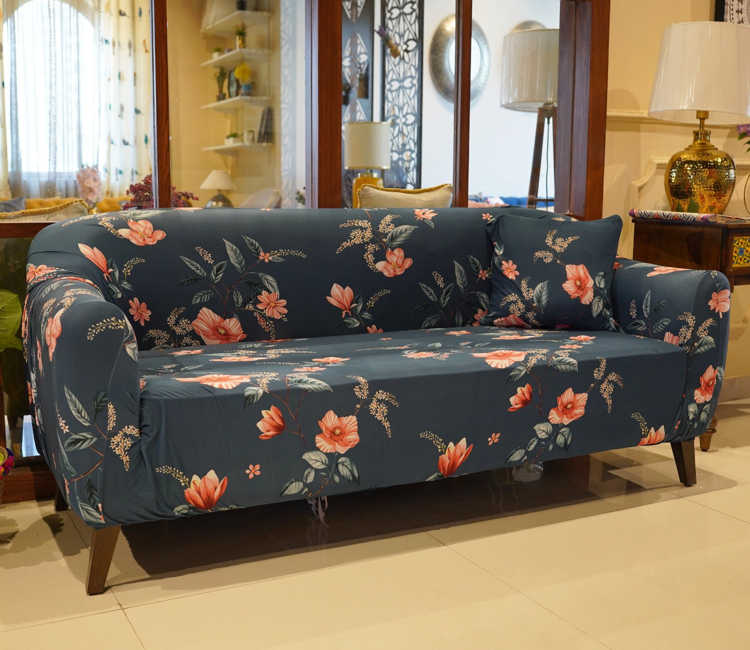 Flaubert Floral Printed Polyester Spandex 3 Seater Sofa Cover (Blue)