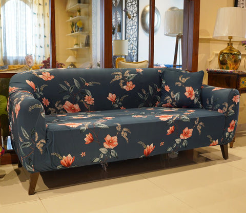 Flaubert Floral Printed Polyester Spandex 3 Seater Sofa Cover (Blue)