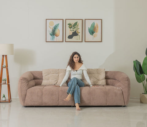 Skava Modern Bubble Tufted Fabric 3 Seater Sofa (Light Brown)