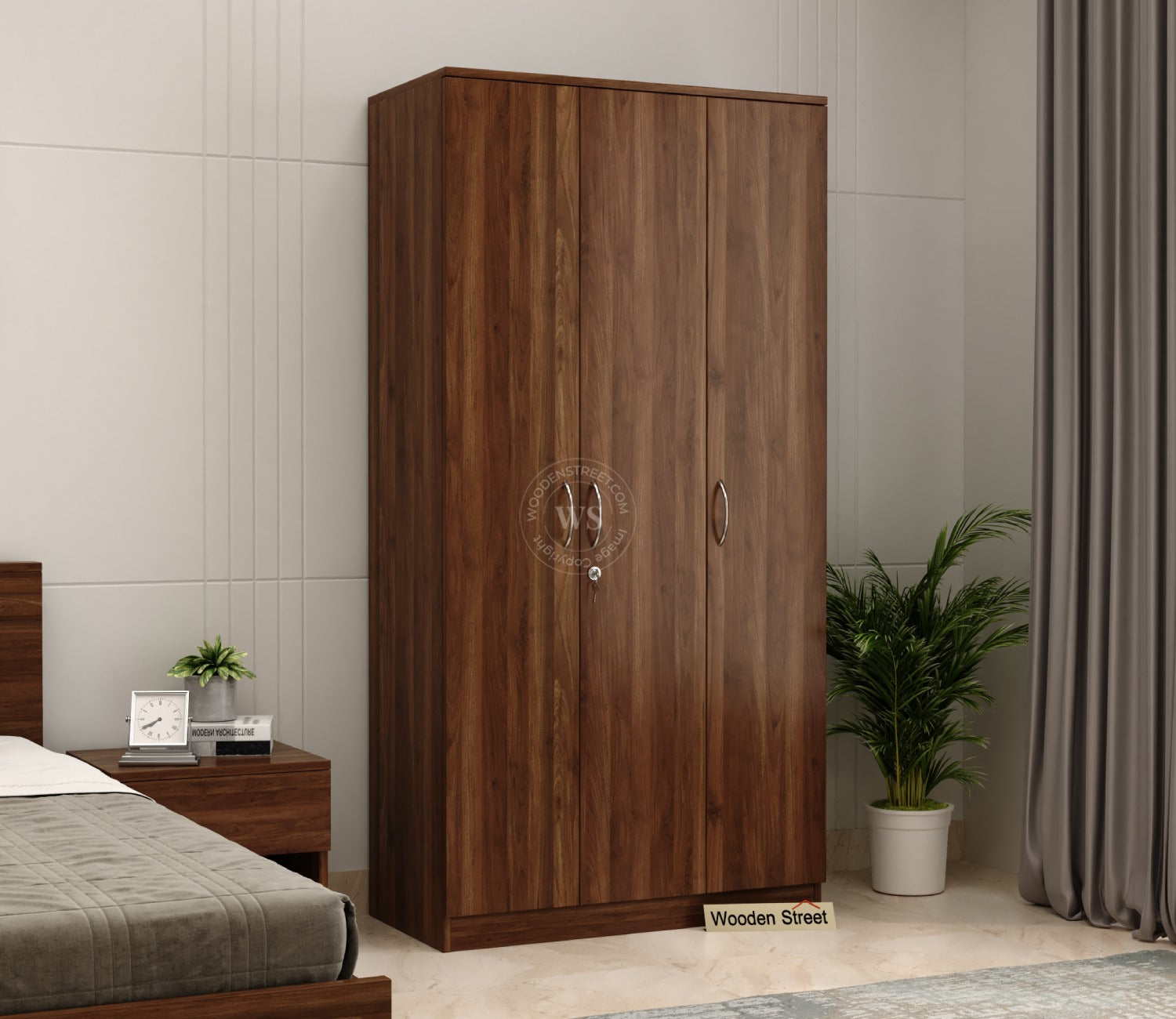 Kayden 3 Door Multi Utility Wardrobe With Hanging Rod (Columbian Walnut Finish)