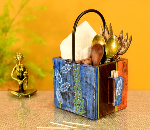 Multicolor Leaf Handcrafted Cutlery Holder in Mango Wood