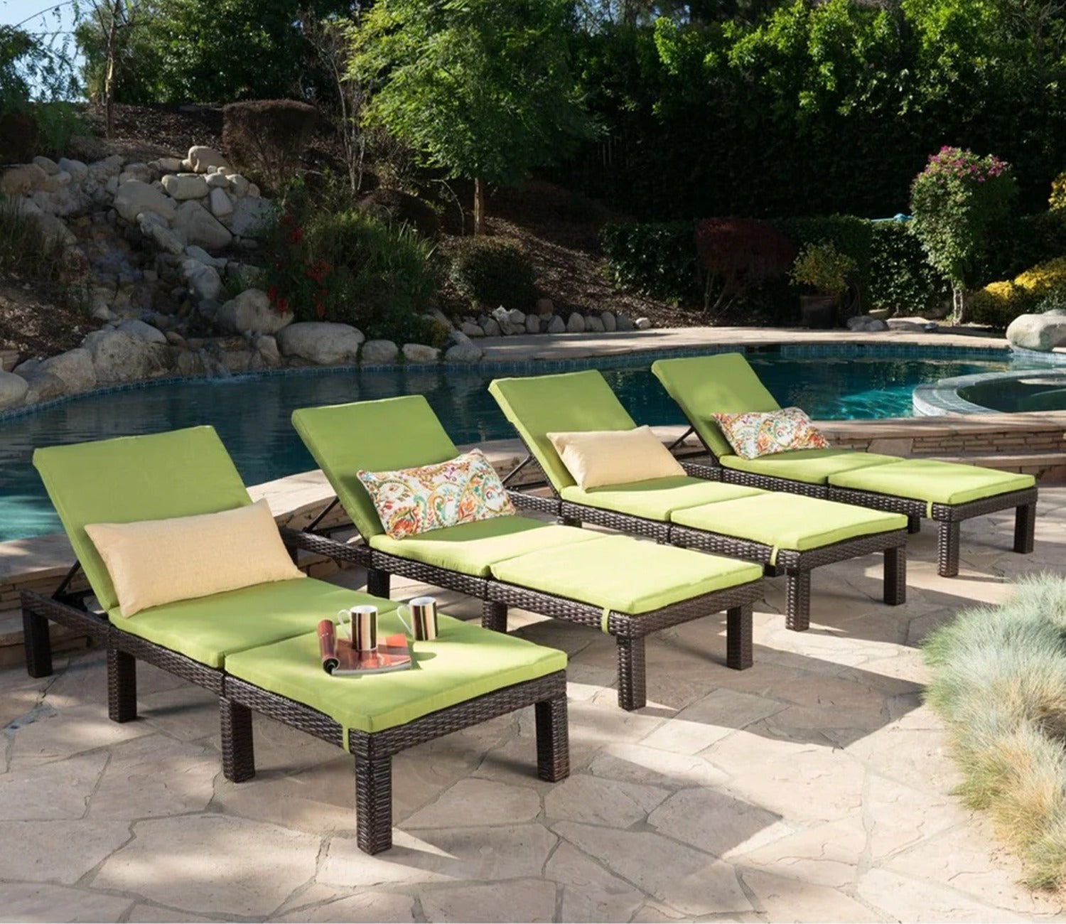 Dark Brown Adjustable Outdoor Lounger With Green Cushions (Set Of 4)