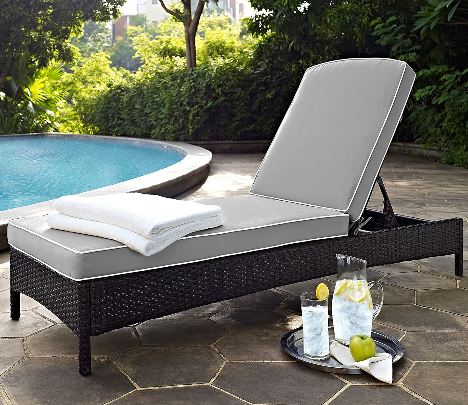 Dark Brown Adjustable Outdoor Patio Lounger With Grey Cushions