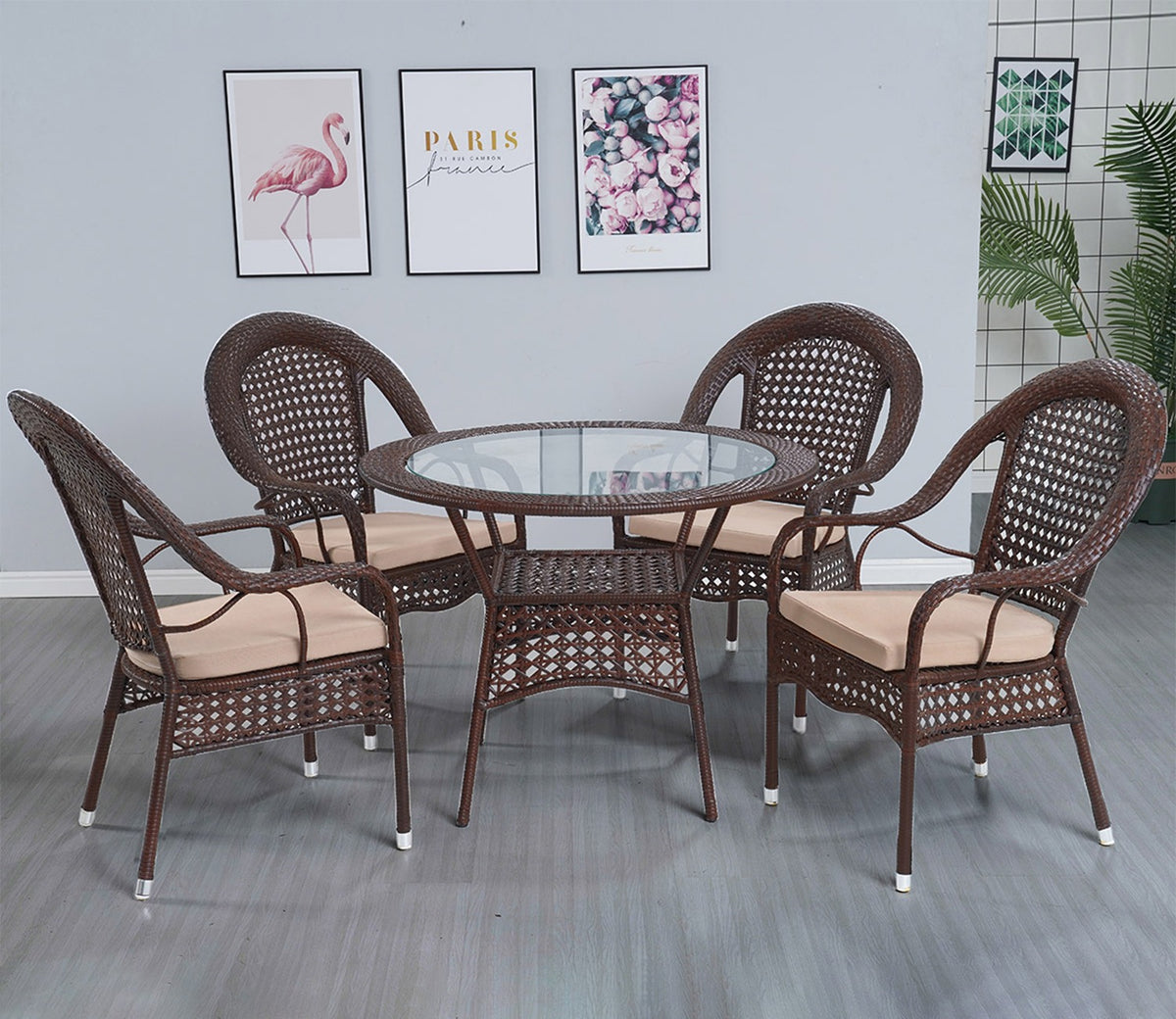 Wicker And Rattan 4 Seater Dining Set With Cream Cushions (Dark Brown)