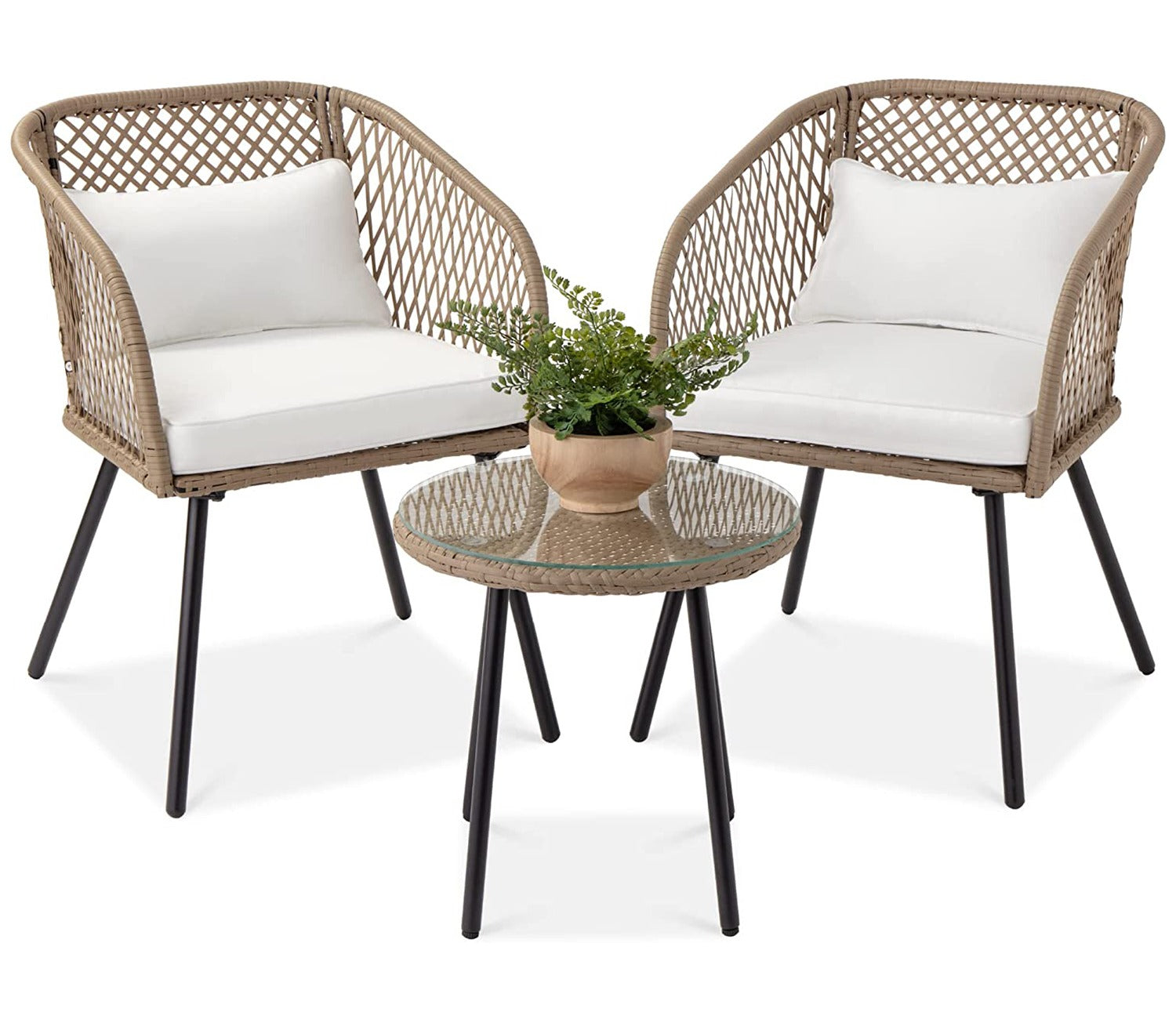 Beige Rattan And Wicker 2 Seater Chair With Table And Off White Cushions Patio Set