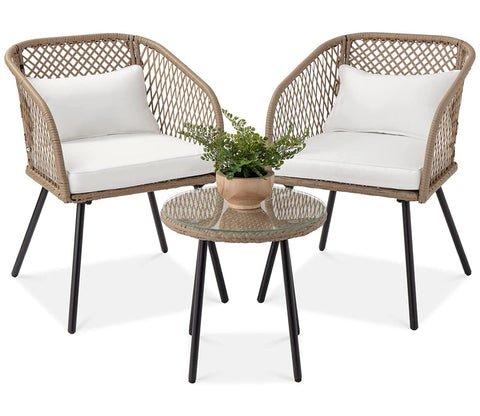 Beige Rattan And Wicker 2 Seater Chair With Table And Off White Cushions Patio Set