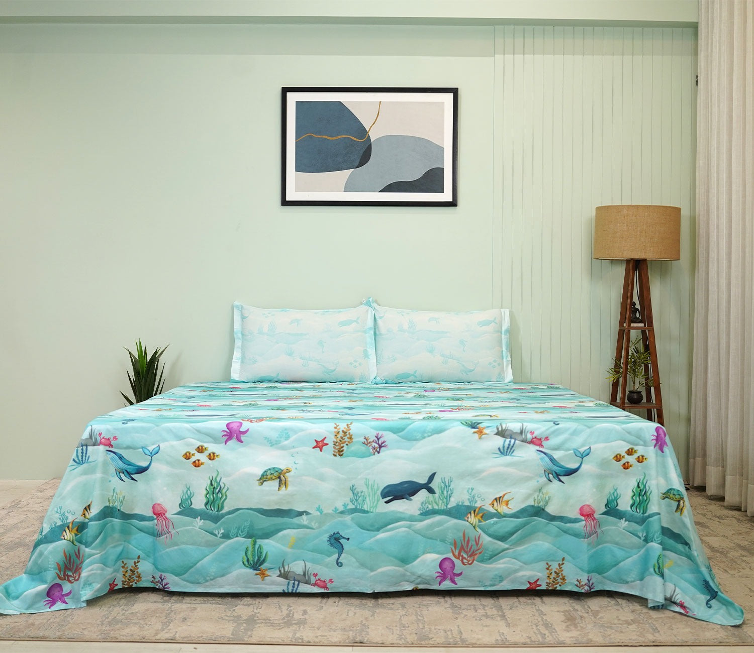 Seashore Flat Cotton Kids Bed Sheet King Size with 2 Pillow Covers