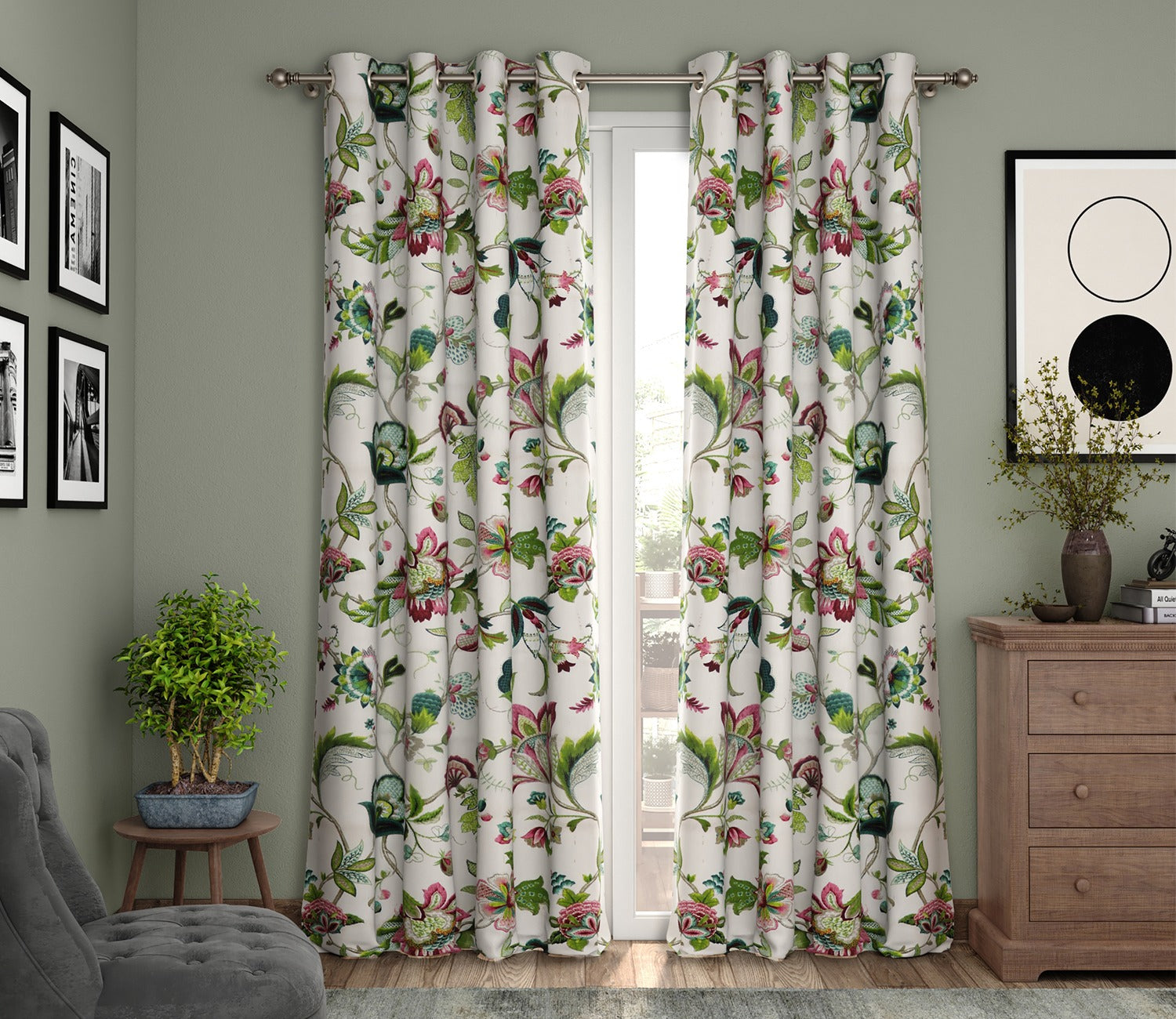 Rose Vineyard Floral Printed Set of 2 Cotton Black Out 7ft Door Curtain (84x54)