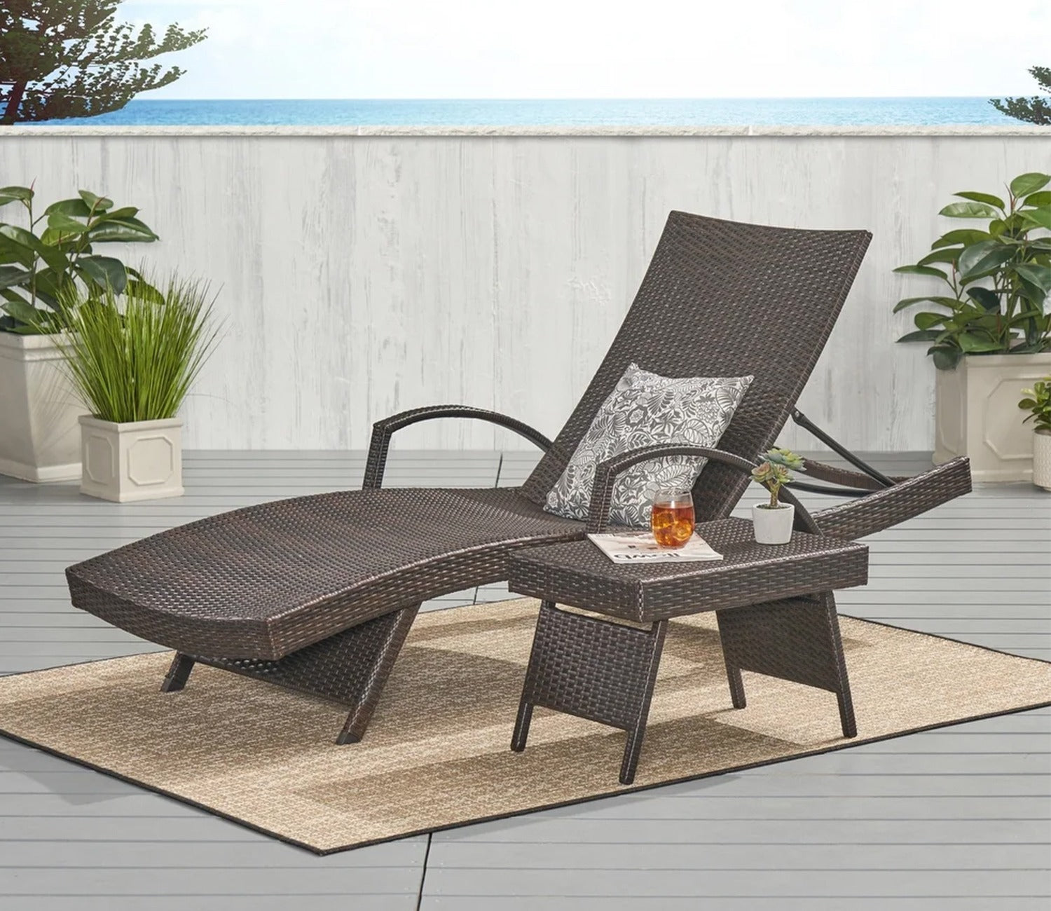 Dark Brown Outdoor Lounger With Table