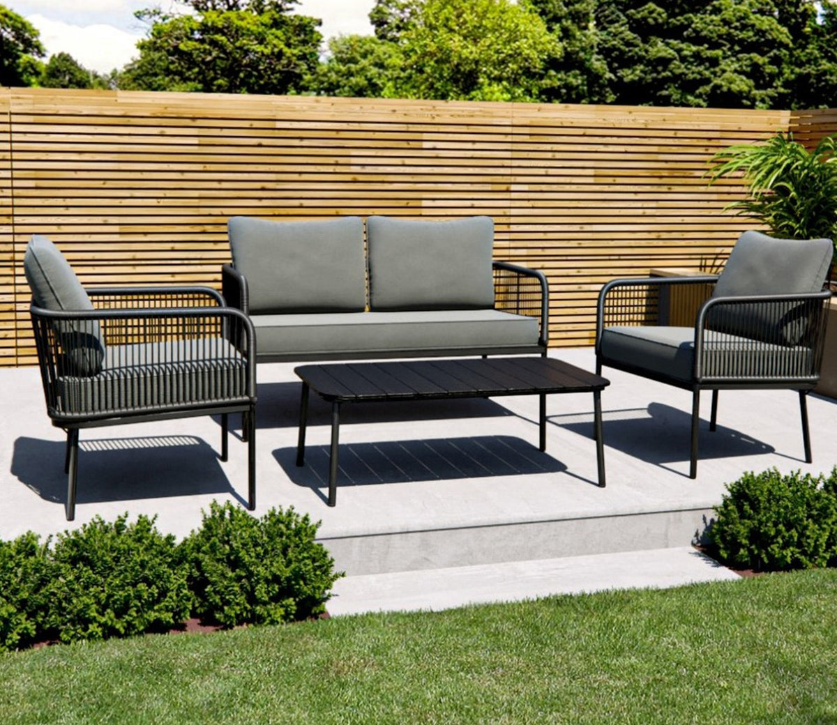 Grey Rope 4 Seater Sofa Set With Rectangle Table And Grey Cushions