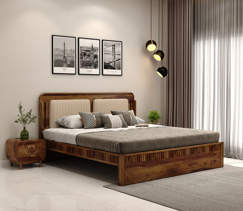 Lotus Premium Sheesham Wood Bed without Storage (King Size, Teak Finish)