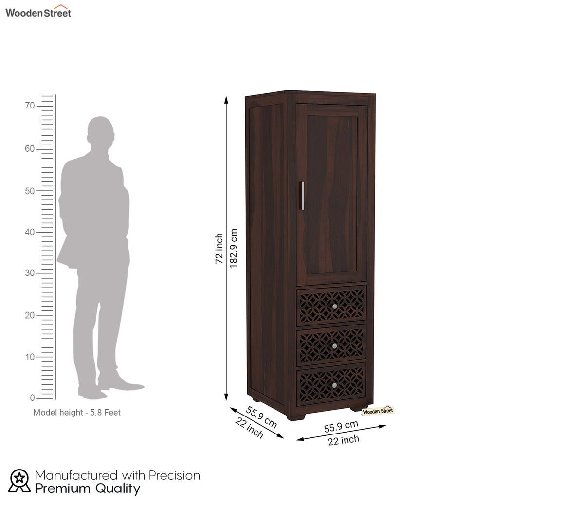 Cambrey 1 Door With 3 Drawers Wooden Wardrobe (Walnut Finish)