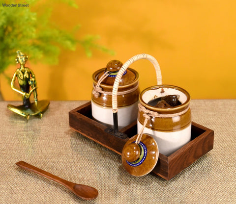 Brown Colour Cane Emblished Wooden Tray With Barni Set