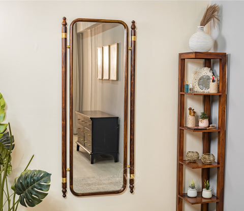 Skyler Antique Sheesham Wood Full Length Mirror With Brass Design (Walnut Finish)