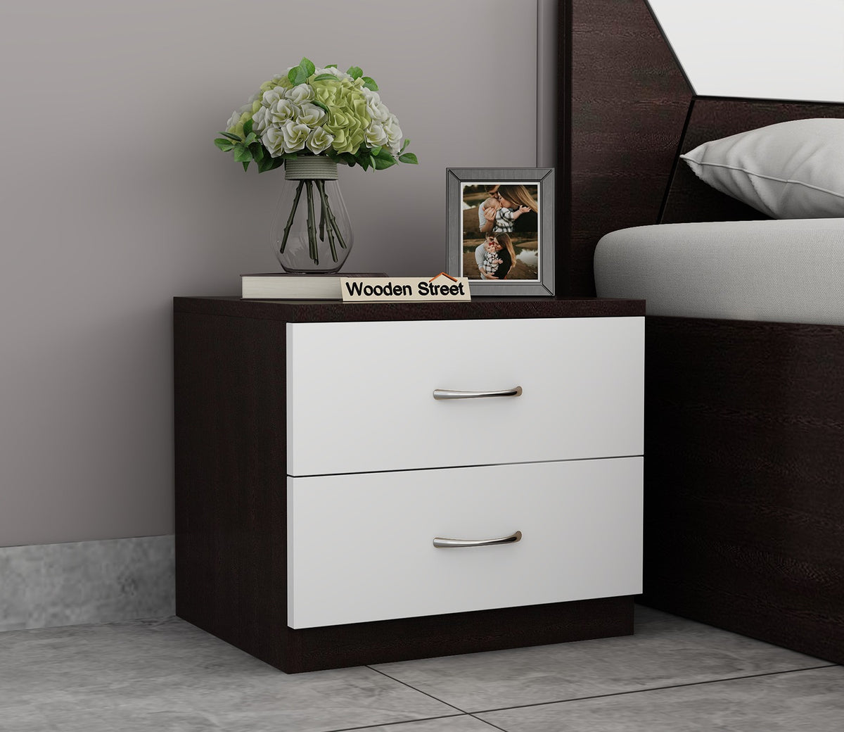 Carmen Bedside Table (Flowery Wenge-Frosty White Finish)