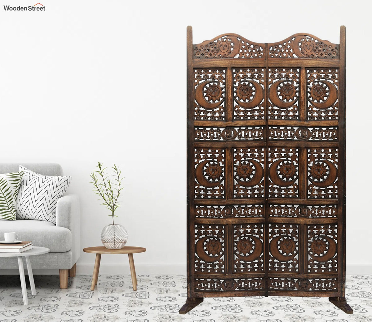 Hazel Floral Hand Carved Wooden Room Divider Single Panel With Stand
