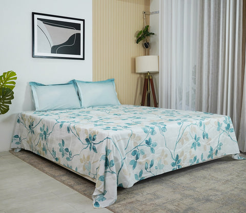 Flowery 144 TC Flat Pure Cotton King Size Bedsheet With 2 Pillow Covers (Blue)