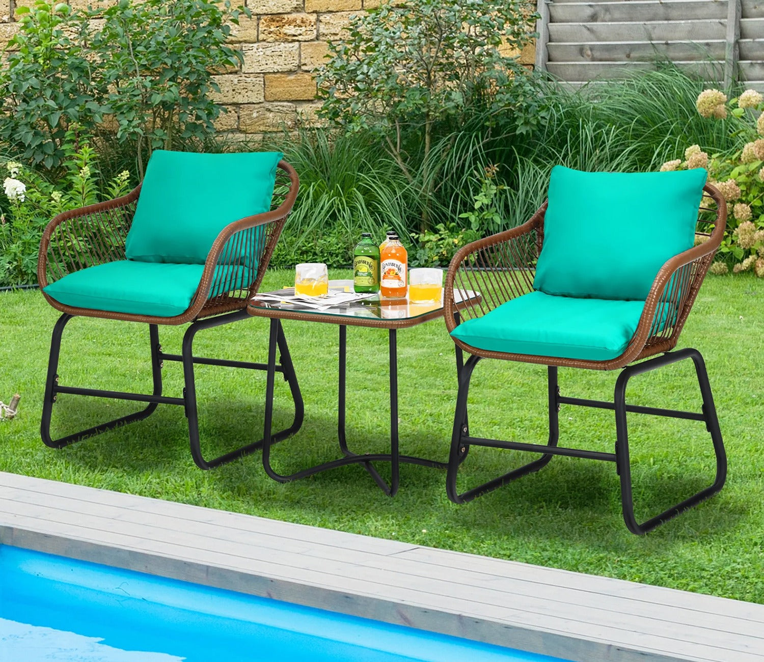 Dark Brown Rattan And Wicker 2 Seater Chair With Table And Robin Blue Cushions Balcony Set