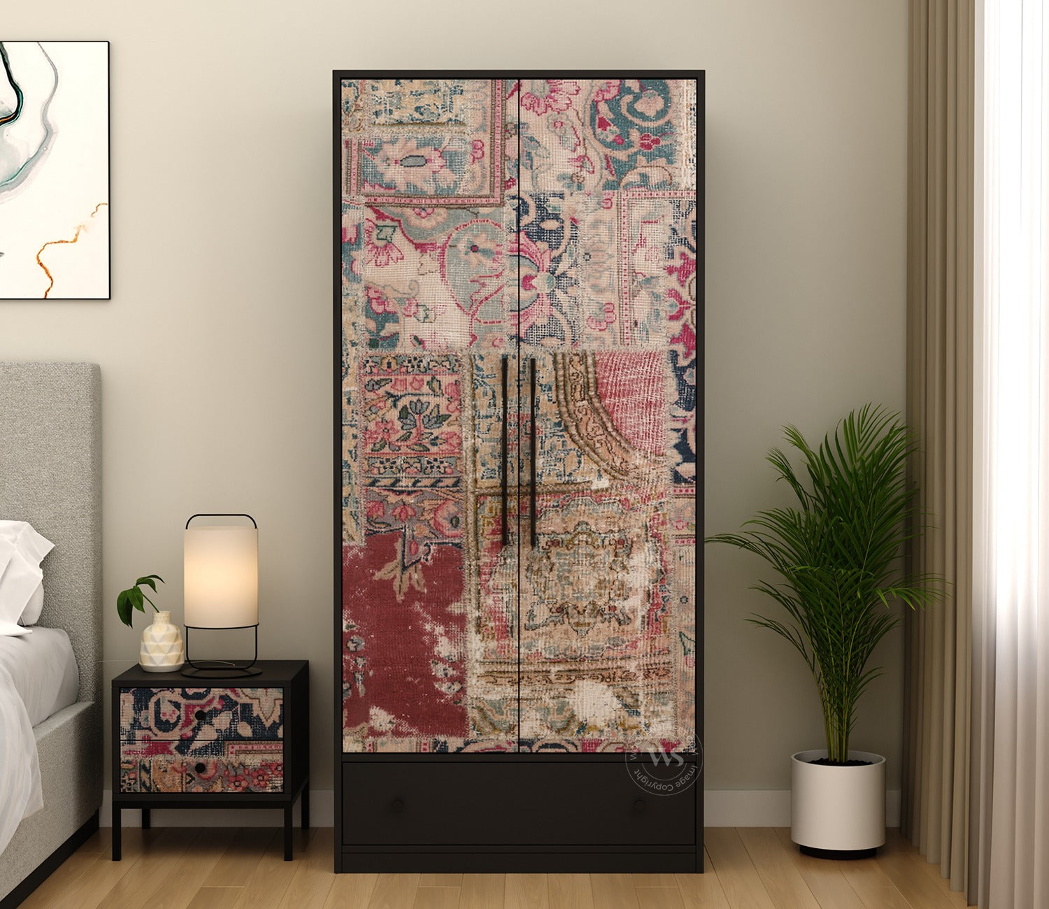 Avren Engineered Wood Wardrobe with Textured Front & Drawer Storage (Patchwork Multi)