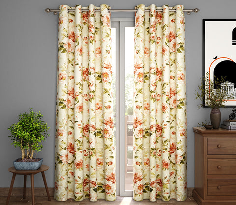 Bloom Floral Print Light-Filtering Door Curtains Set of 2 (Orange, 7 Feet)