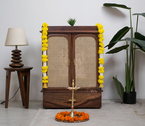 Amogh Sheesham Wood Home Temple with Cane Doors & Drawer Storage (Teak Finish)