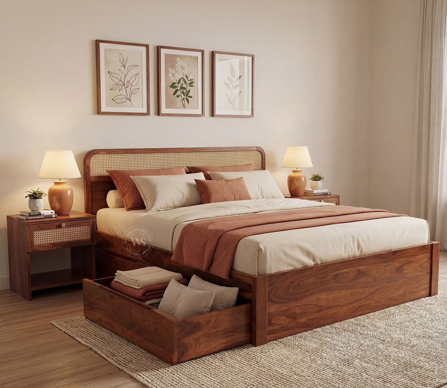 Balikos Sheesham Wood Bed with Drawer Storage and Cane Detailing (King Size, Teak Finish)