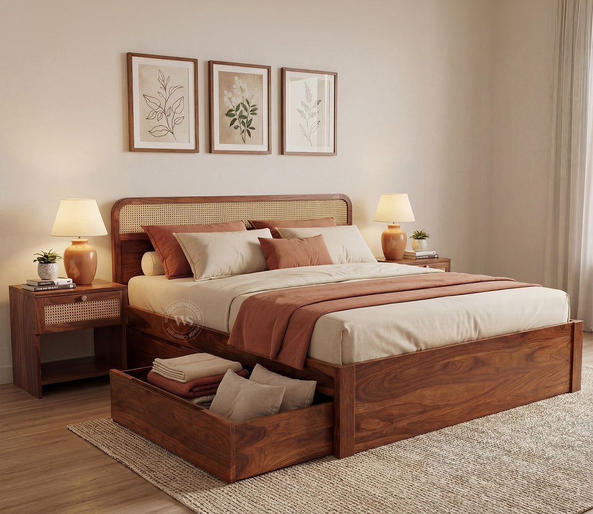 Balikos Sheesham Wood Bed with Drawer Storage and Cane Detailing (King Size, Teak Finish)