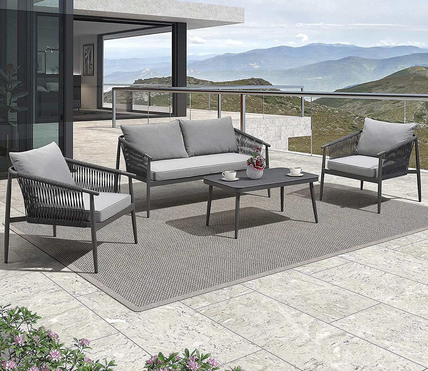 Grey Color Rope 4 Seater Sofa Set With Table And Grey Cushions
