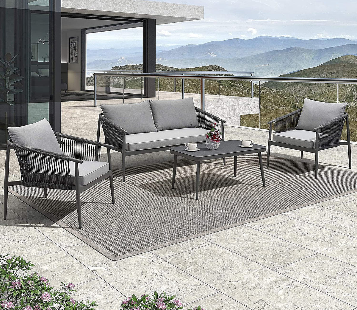 Grey Color Rope 4 Seater Sofa Set With Table And Grey Cushions