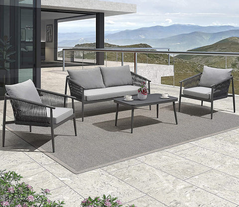 Grey Color Rope 4 Seater Sofa Set With Table And Grey Cushions