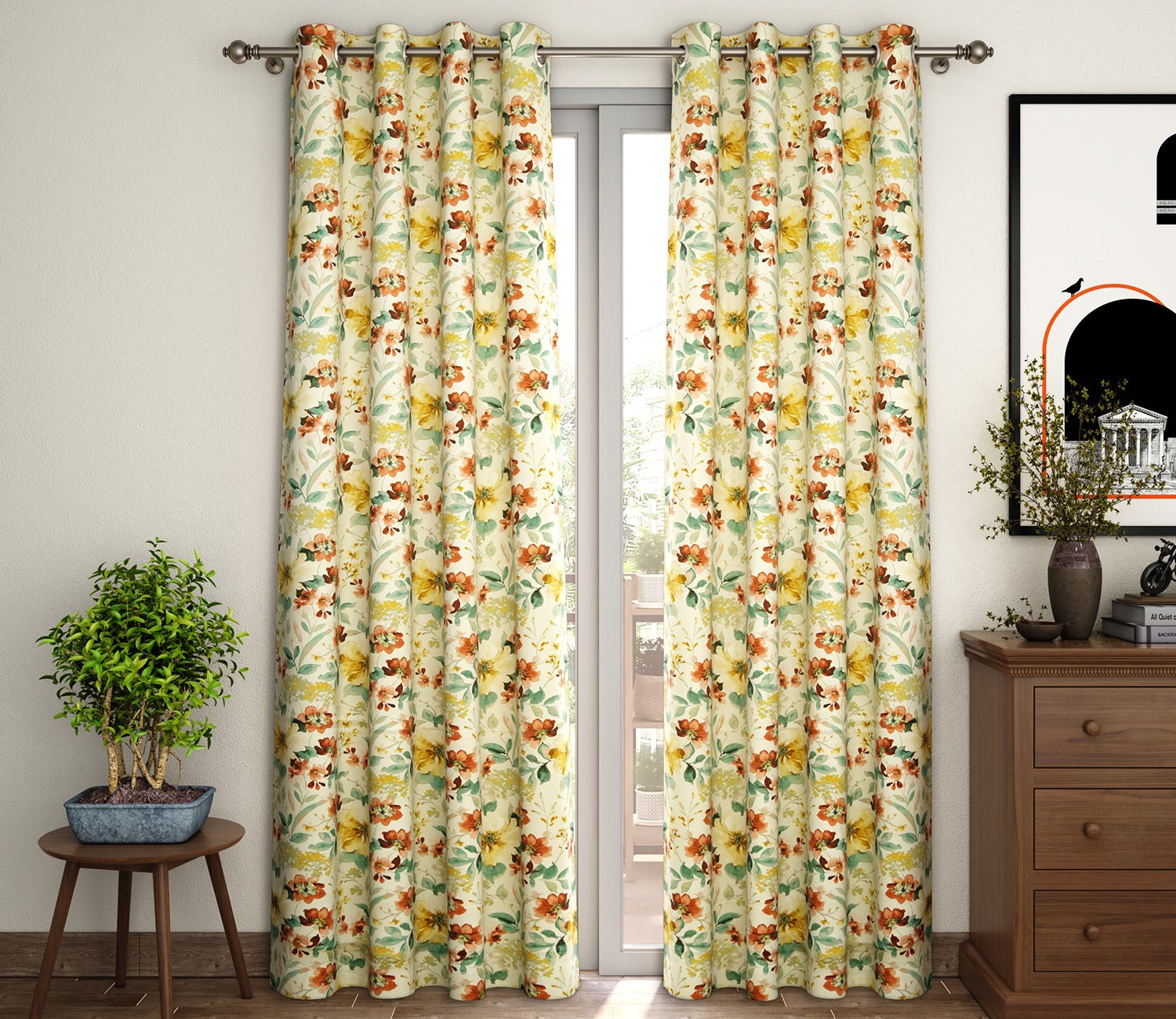 Rose Floral Print 1 Piece Light-Filtering Curtain (Yellow, 7 Feet)