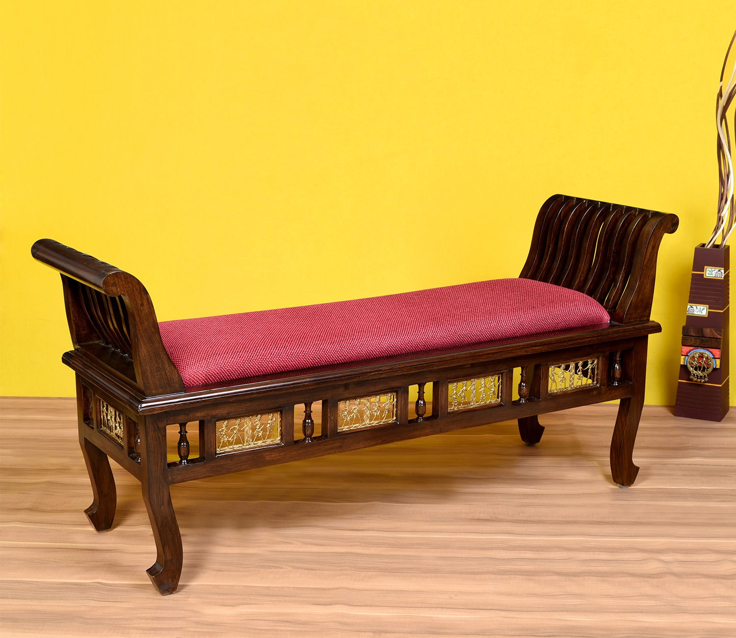 Myla-II Ottoman Cushioned Double Seater with Striped Wood Pattern in Walnut Finish