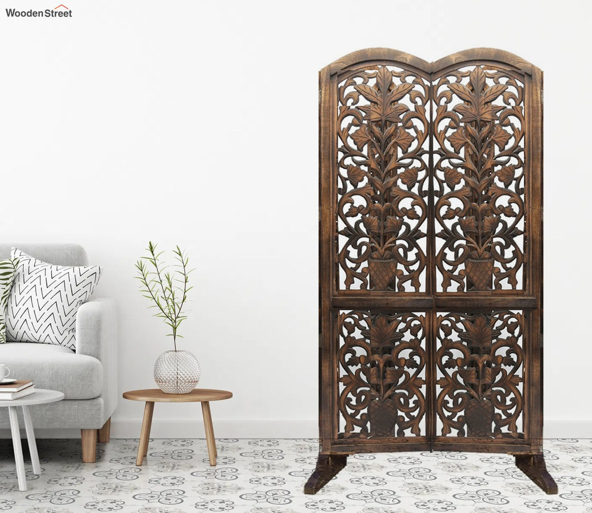 Floral Hand Carved Wooden Room Divider Single Panel With Stand
